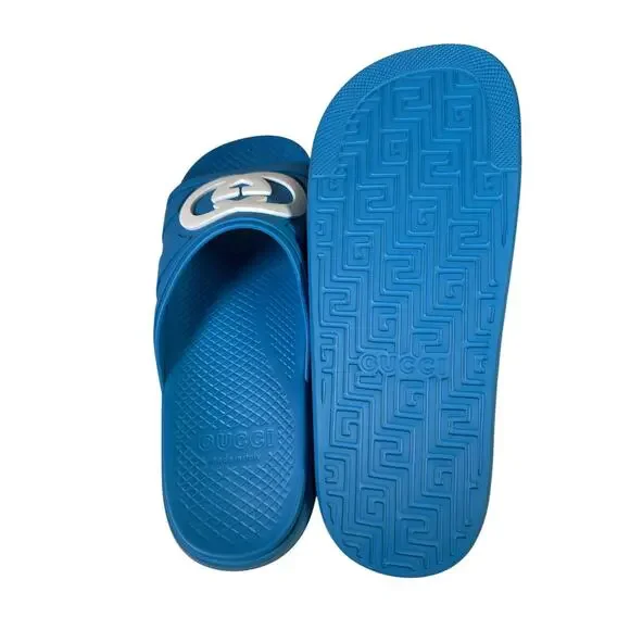 NIB Gucci Rubber Slide Sandals Blue with White GG Logo UK8 US8.5 - Picture 7 of 9